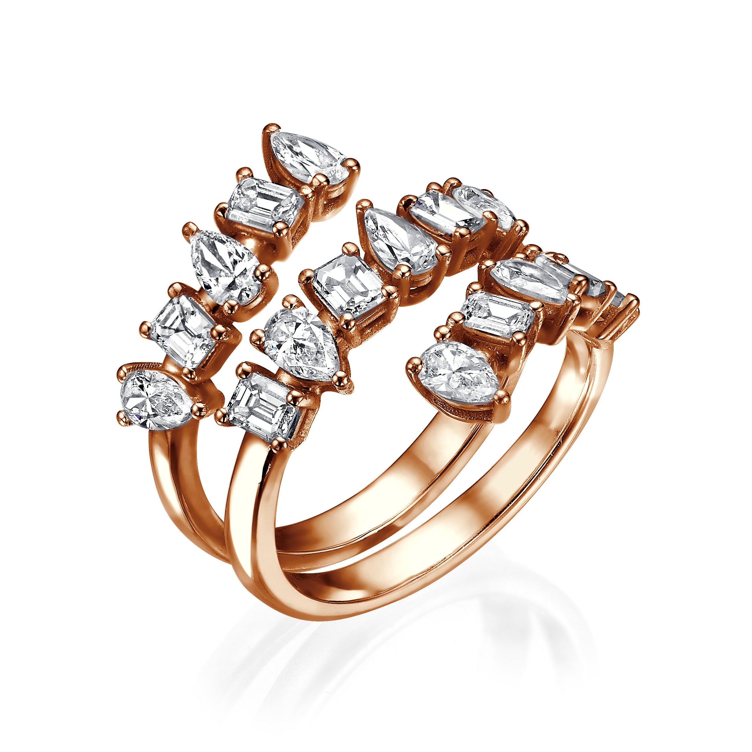 THREE ROW FANCY SHAPE DIAMOND COIL RING