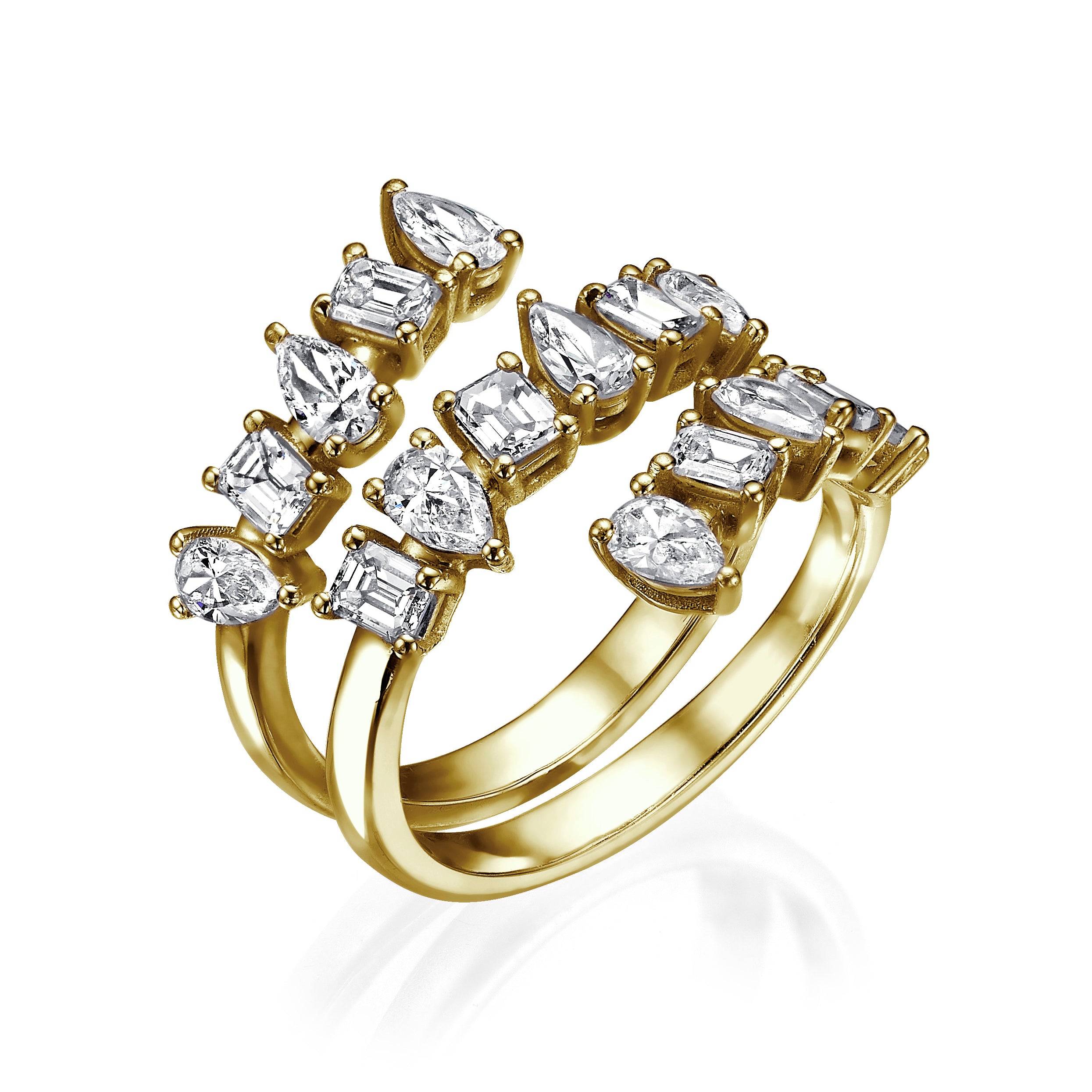 THREE ROW FANCY SHAPE DIAMOND COIL RING