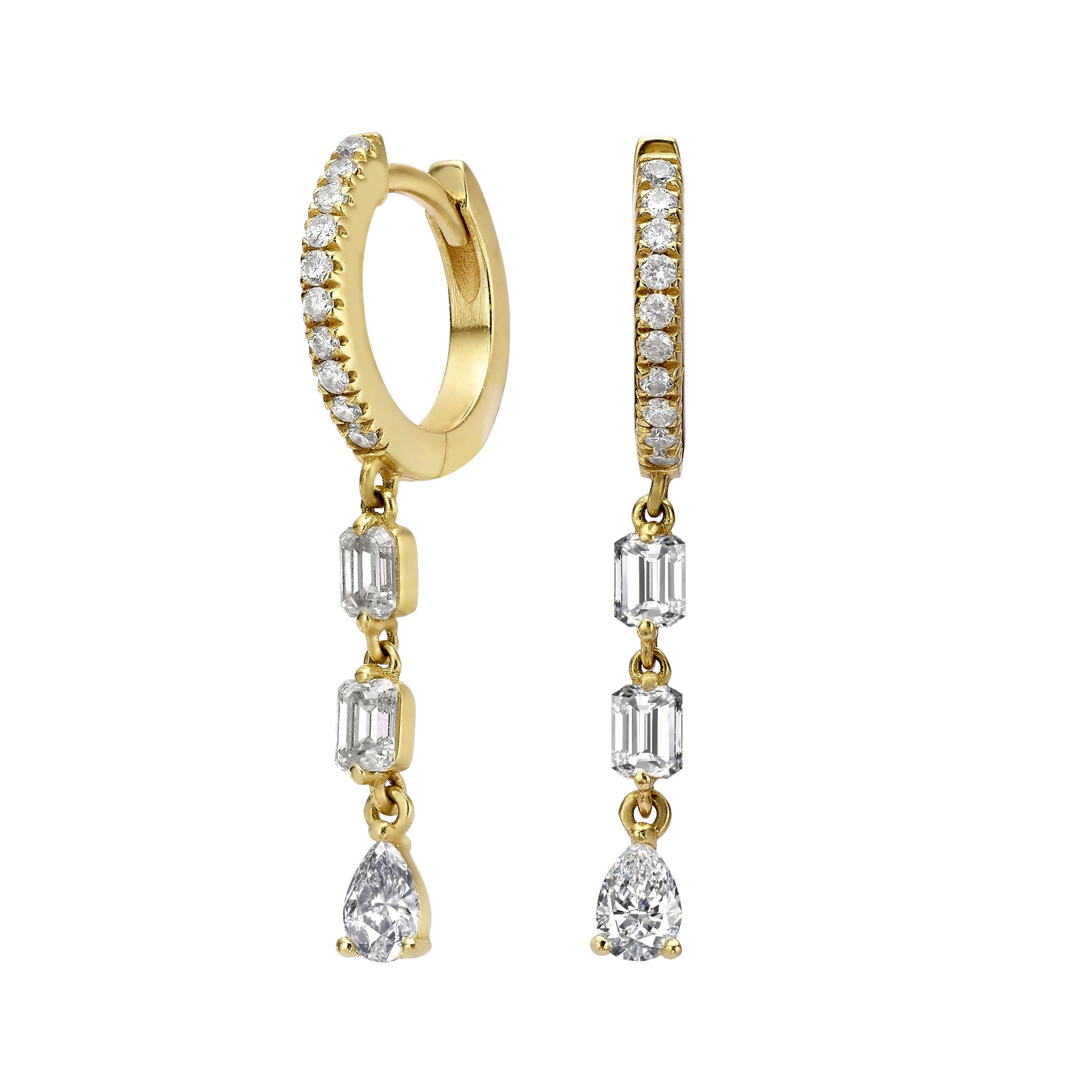 HUGGIES WITH THREE DIAMOND EMERALD AND PEAR DROPS