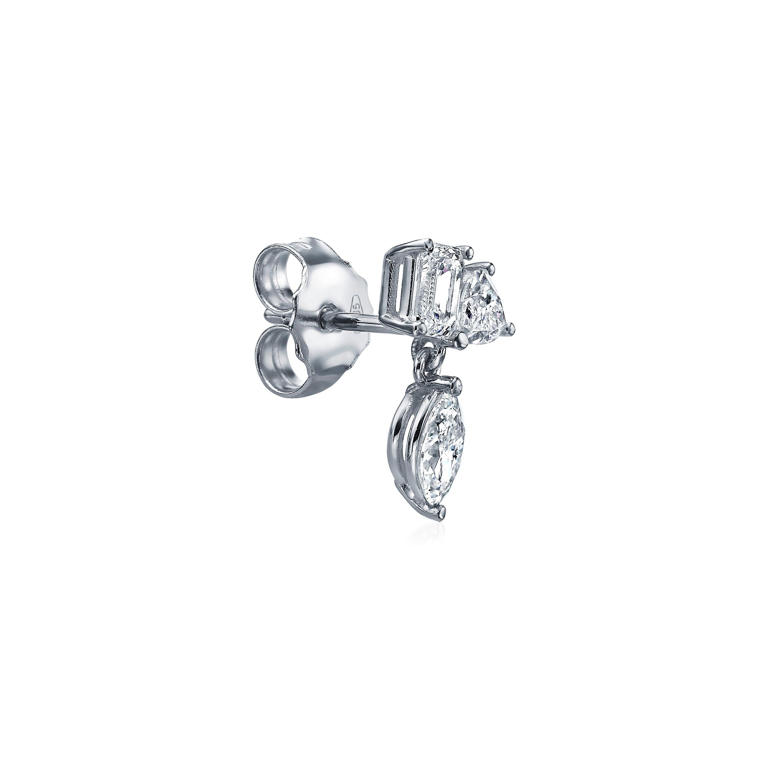 EMERALD HEART AND MARQUISE TRIO DIAMOND EARRINGS - White Gold - Single earring