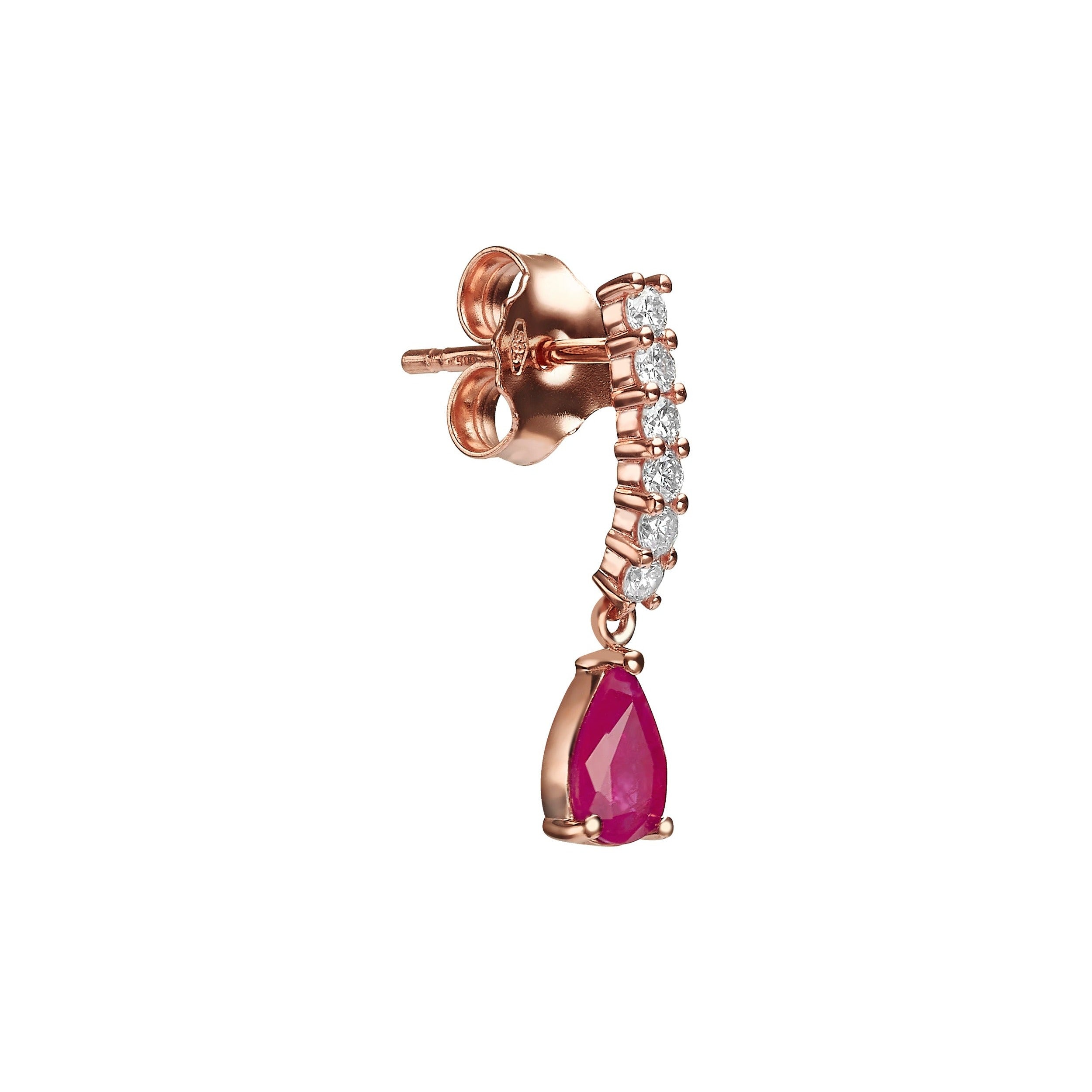 SMALL DIAMOND LINE WHITE PEAR SHAPE RUBY DROP - Rose Gold - Single earring