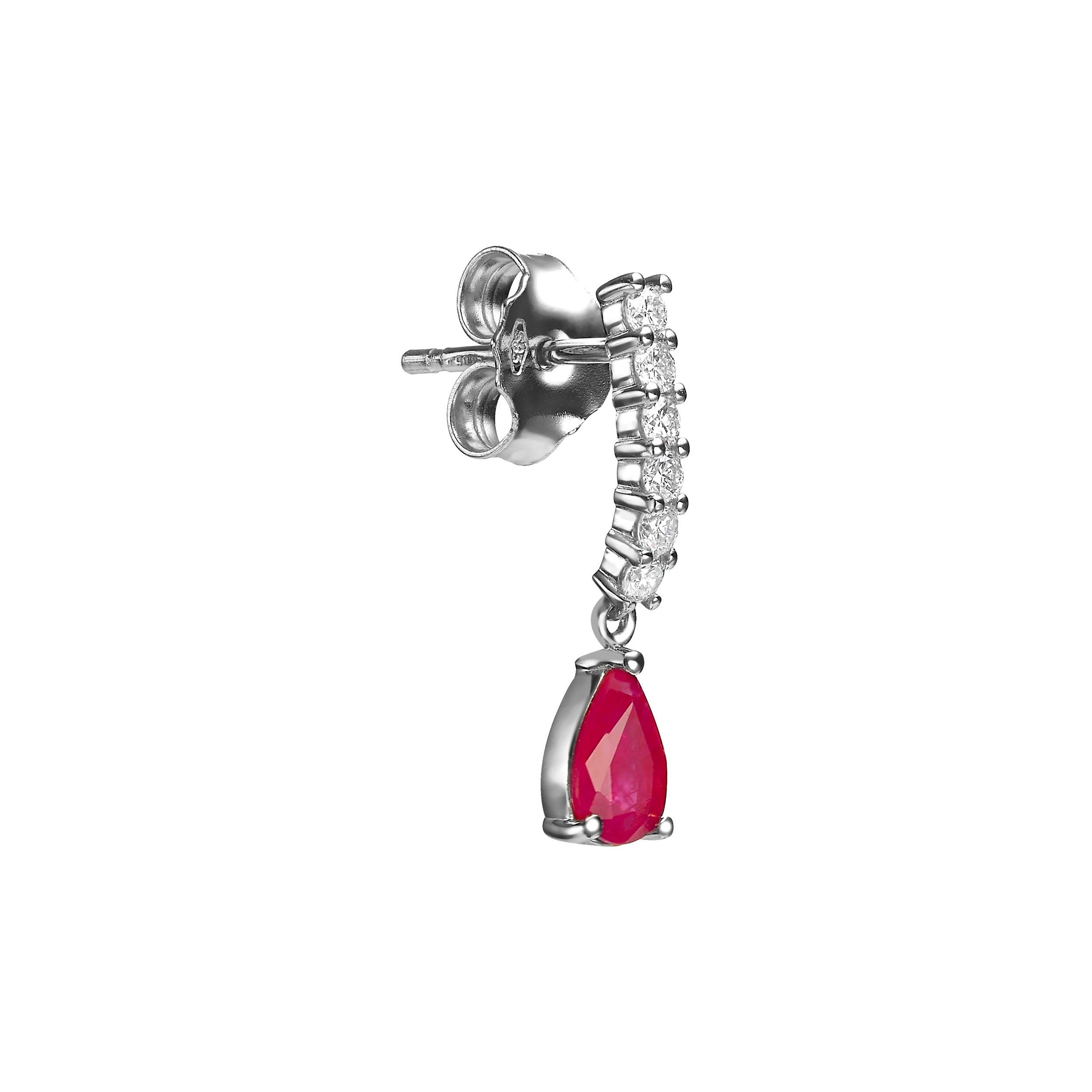 SMALL DIAMOND LINE WHITE PEAR SHAPE RUBY DROP - White Gold - Single earring