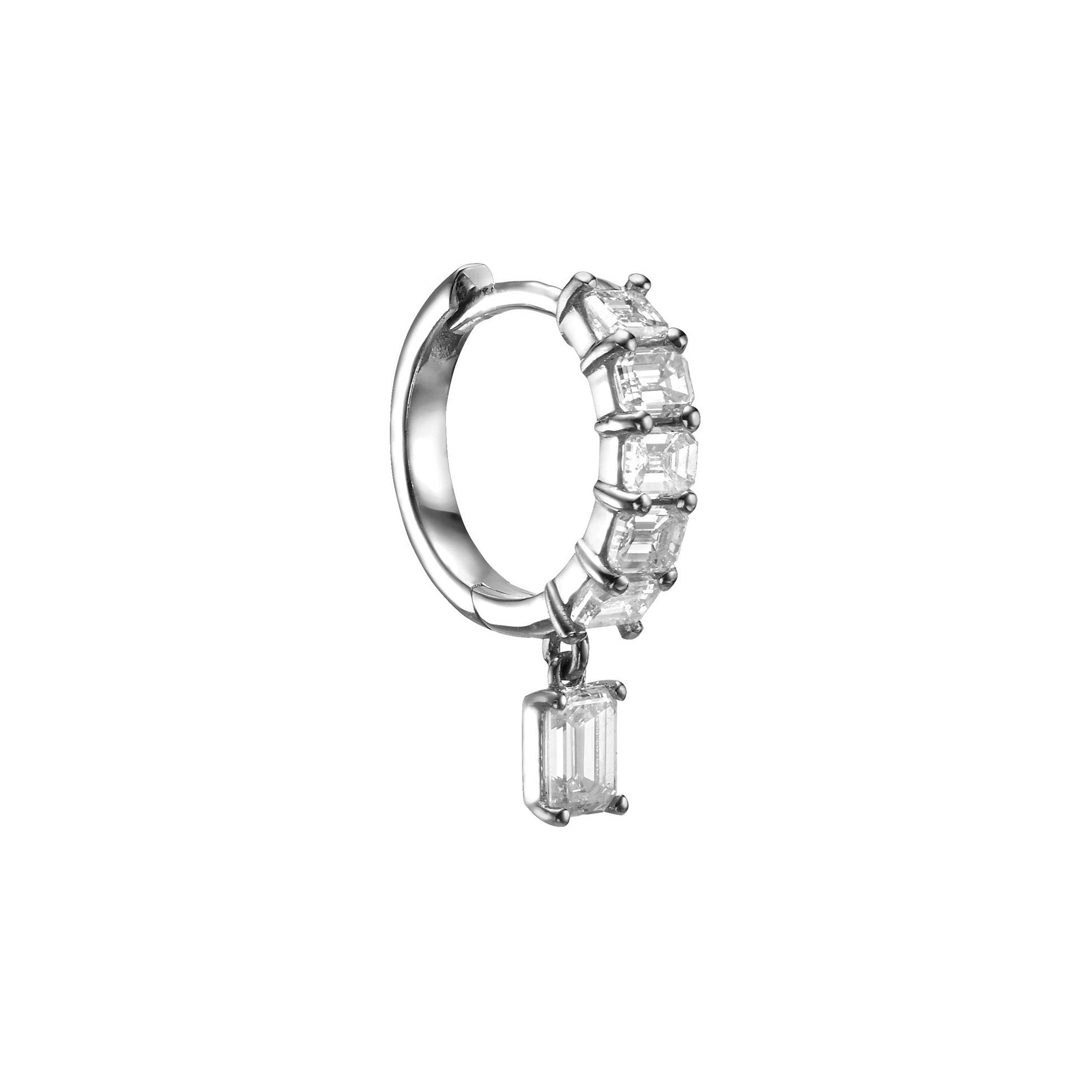 EMERALD DIAMOND HUGGIES WITH EMERALD DIAMOND DROP - White Gold - Single earring