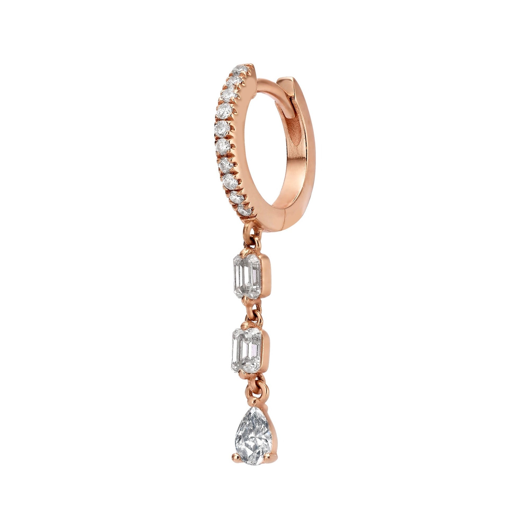 HUGGIES WITH THREE DIAMOND EMERALD AND PEAR DROPS - Rose Gold - Single earring