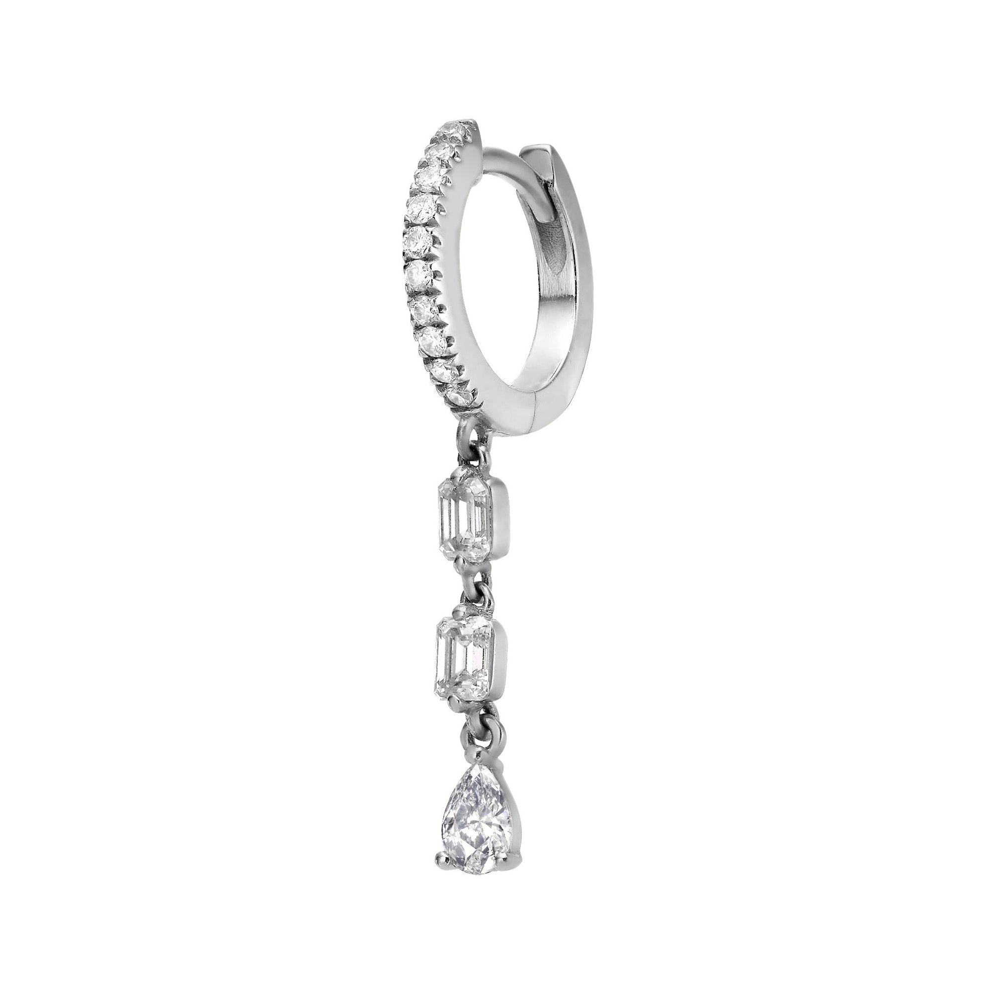 HUGGIES WITH THREE DIAMOND EMERALD AND PEAR DROPS - White Gold - Single earring