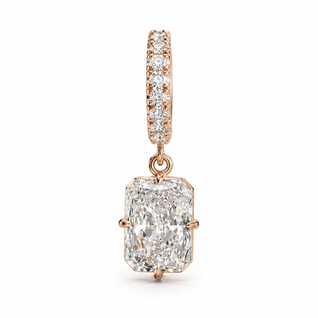 DIAMOND HUGGIES WITH RADIANT CUT DIAMOND DROP - Rose Gold - Single earring