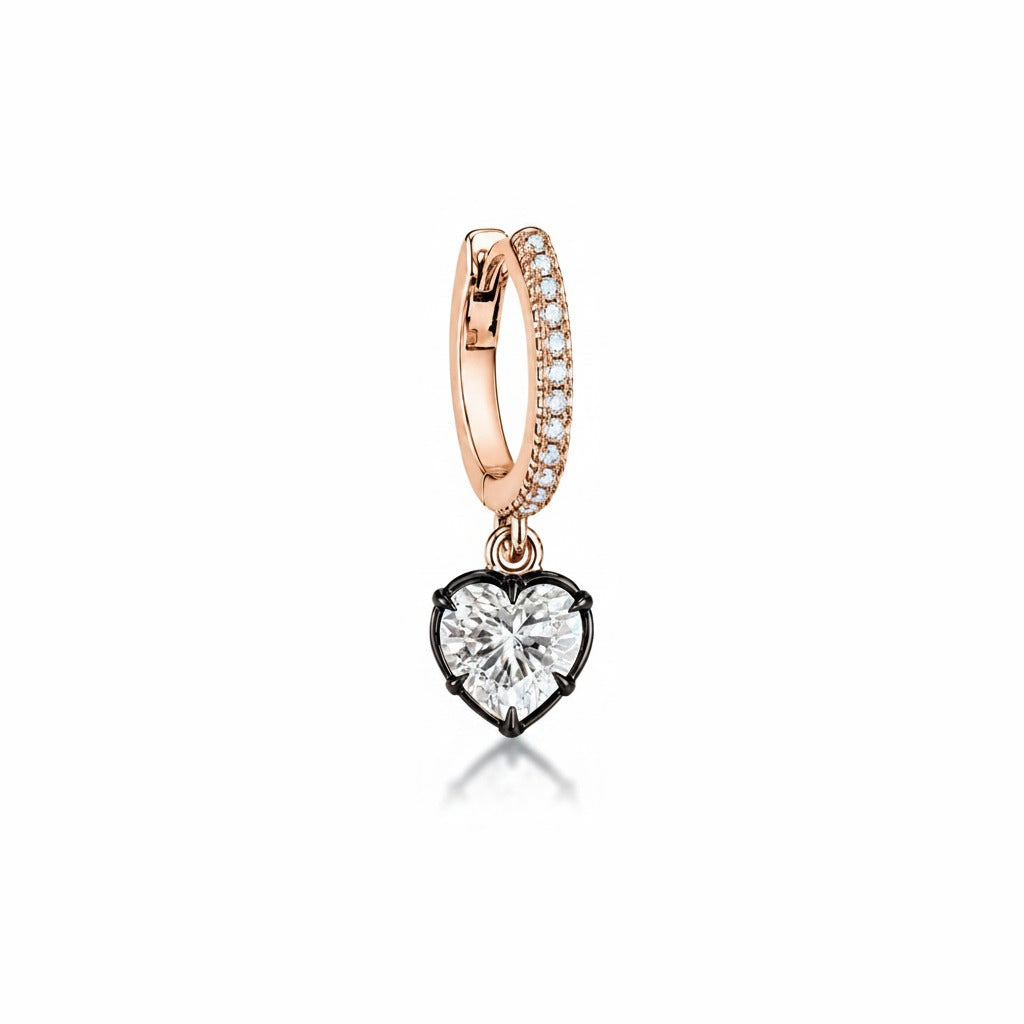 MIDNIGHT DIAMOND HUGGIES WITH HEART SHAPE BEZEL DROP 1CT - Rose Gold - Single earring