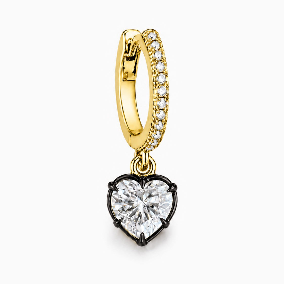 MIDNIGHT DIAMOND HUGGIES WITH HEART SHAPE BEZEL DROP 1CT - Yellow Gold - Single earring