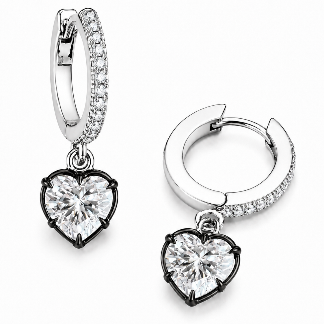 MIDNIGHT DIAMOND HUGGIES WITH HEART SHAPE BEZEL DROP 1CT