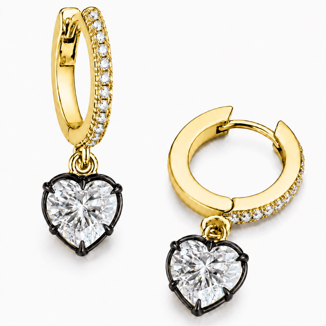 MIDNIGHT DIAMOND HUGGIES WITH HEART SHAPE BEZEL DROP 1CT