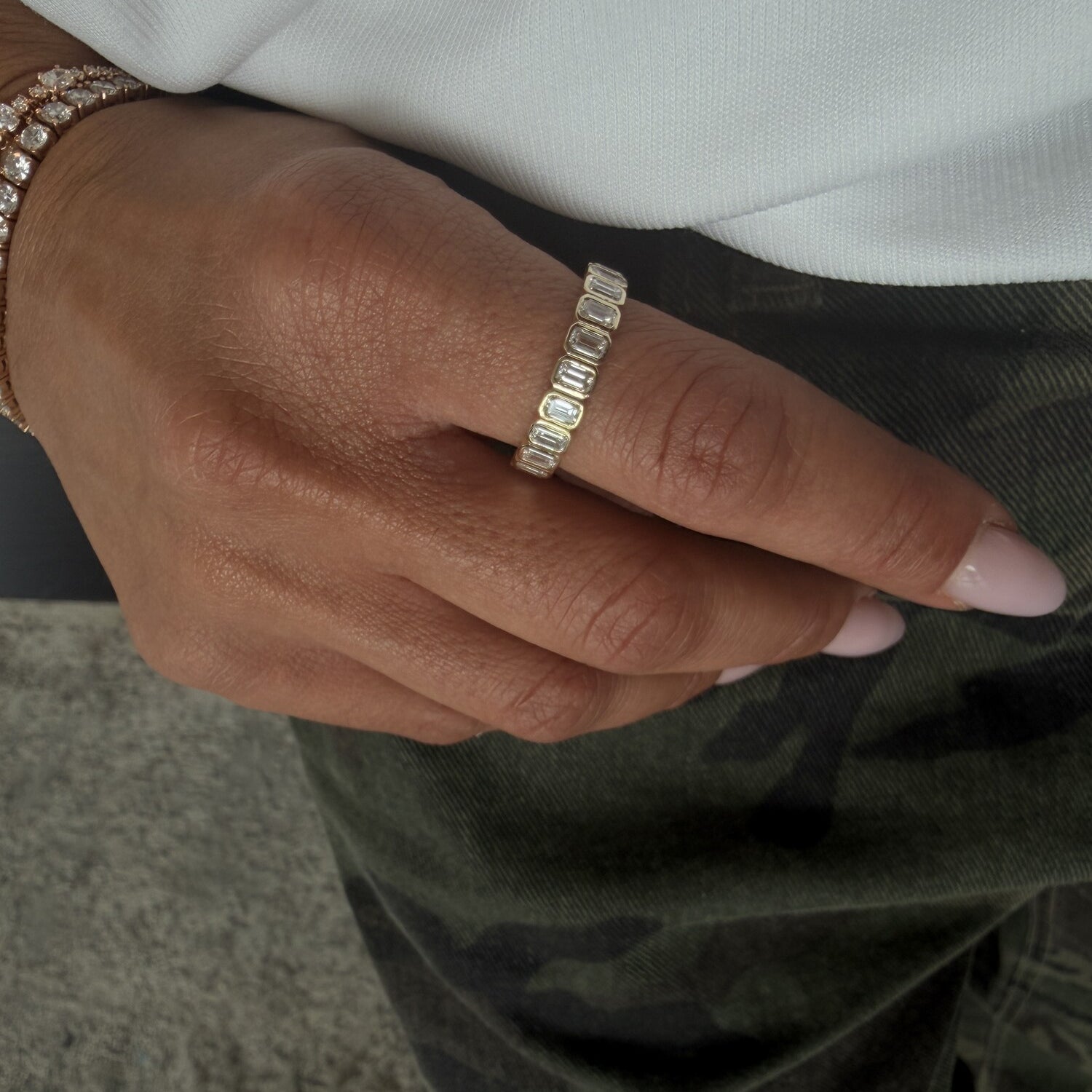 BEZEL SET EMERALD CUT DIAMOND RING - on hand