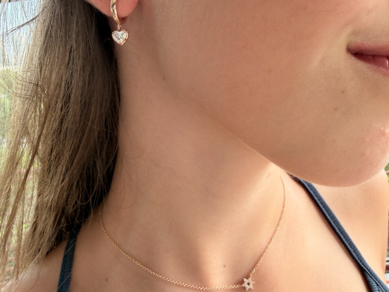 BOLD BEZEL HEART SHAPE DIAMOND DROP 0.5CT - Rose Gold - on ear