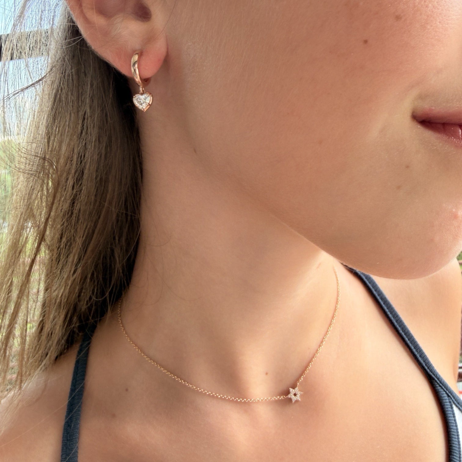 BOLD BEZEL HEART SHAPE DIAMOND DROP 0.5CT - Rose Gold - on ear