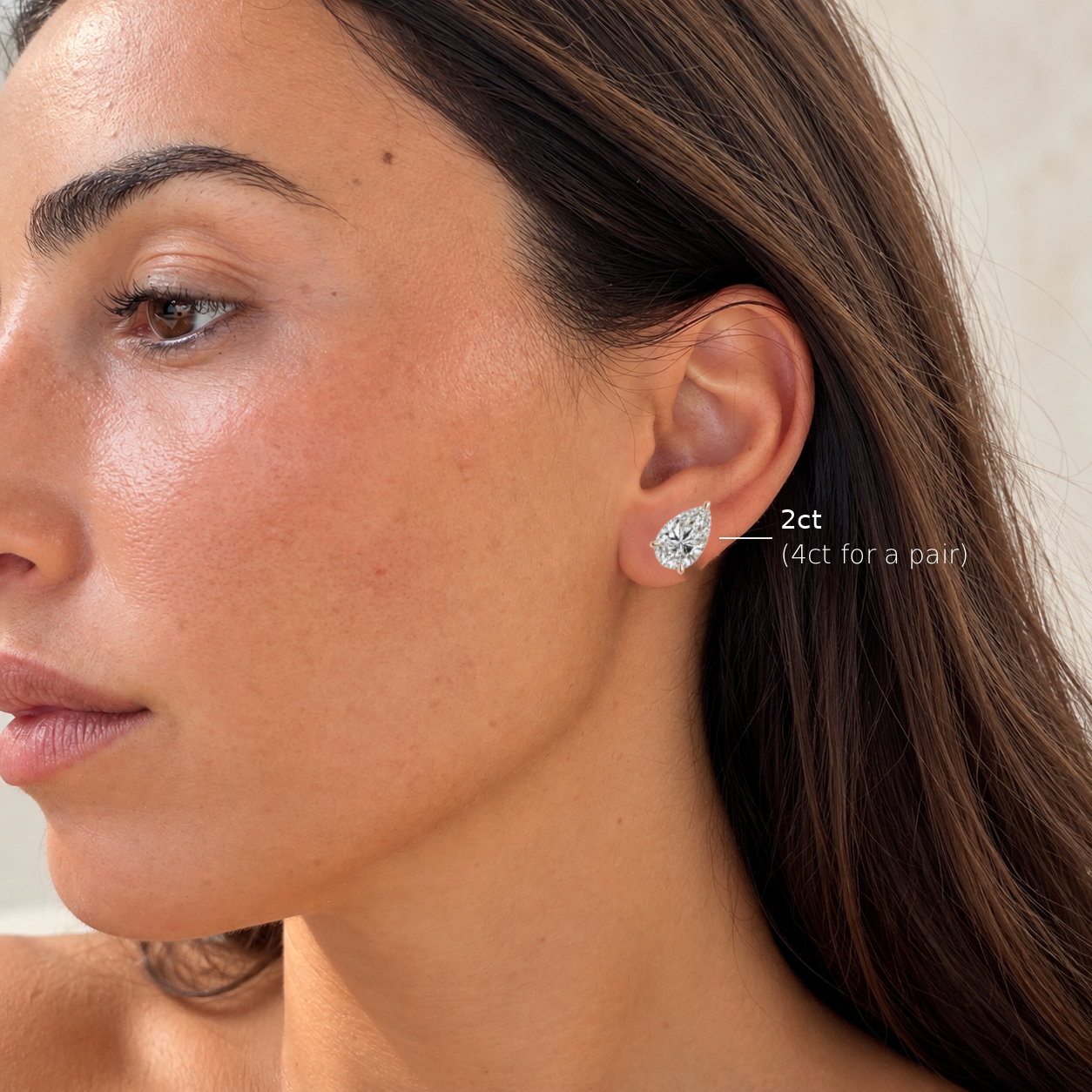 PEAR SOLITAIRE DIAMOND STUD EARRINGS - on model 2ct (4ct for a pair)