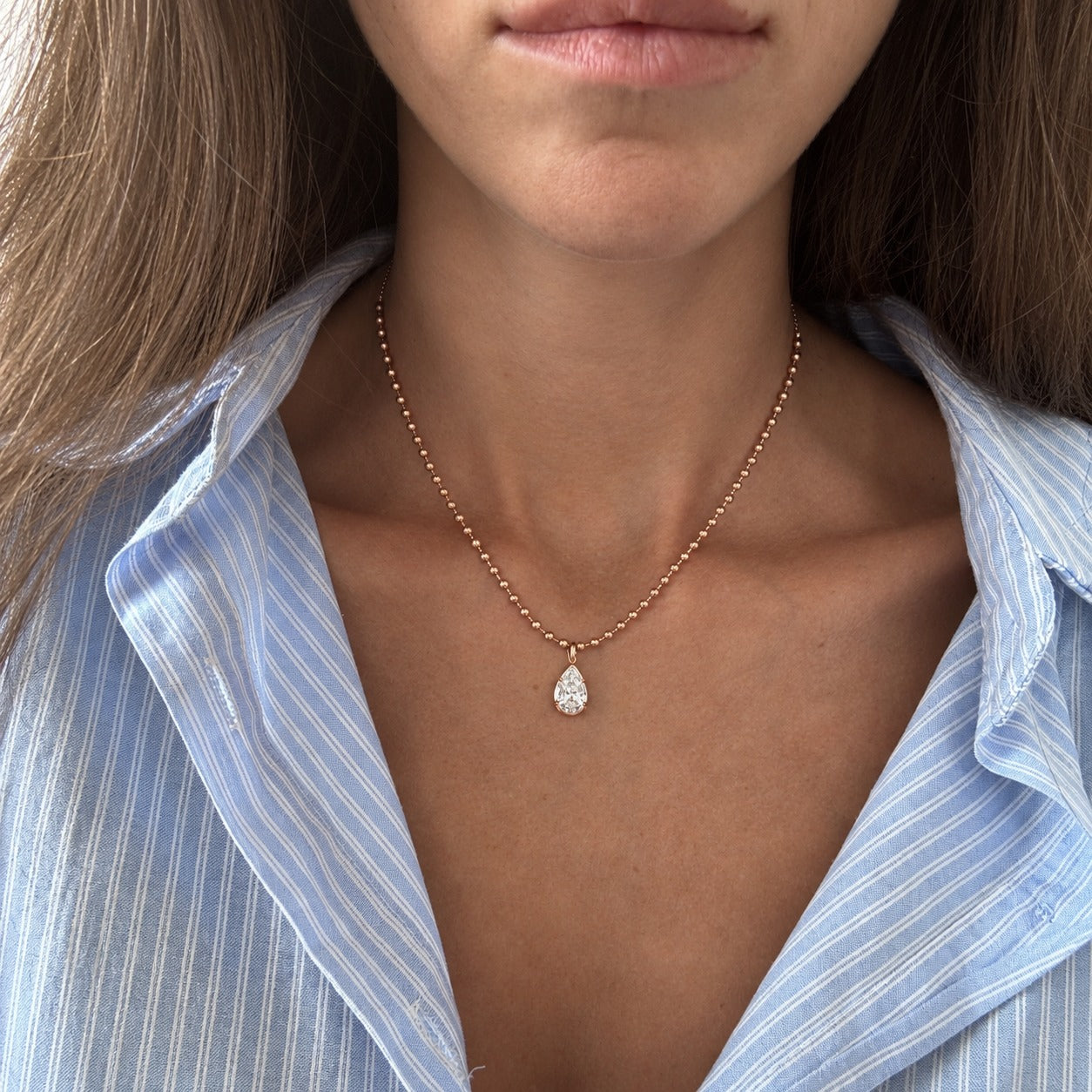 1.5CT PEAR DIAMOND BALL CHAIN NECKLACE - on model