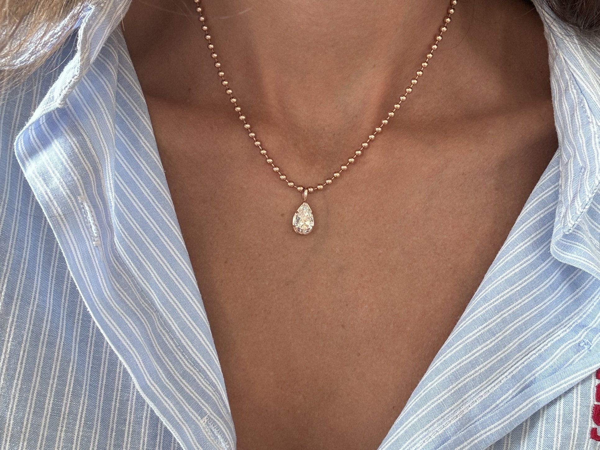 1.5CT PEAR DIAMOND BALL CHAIN NECKLACE - worn